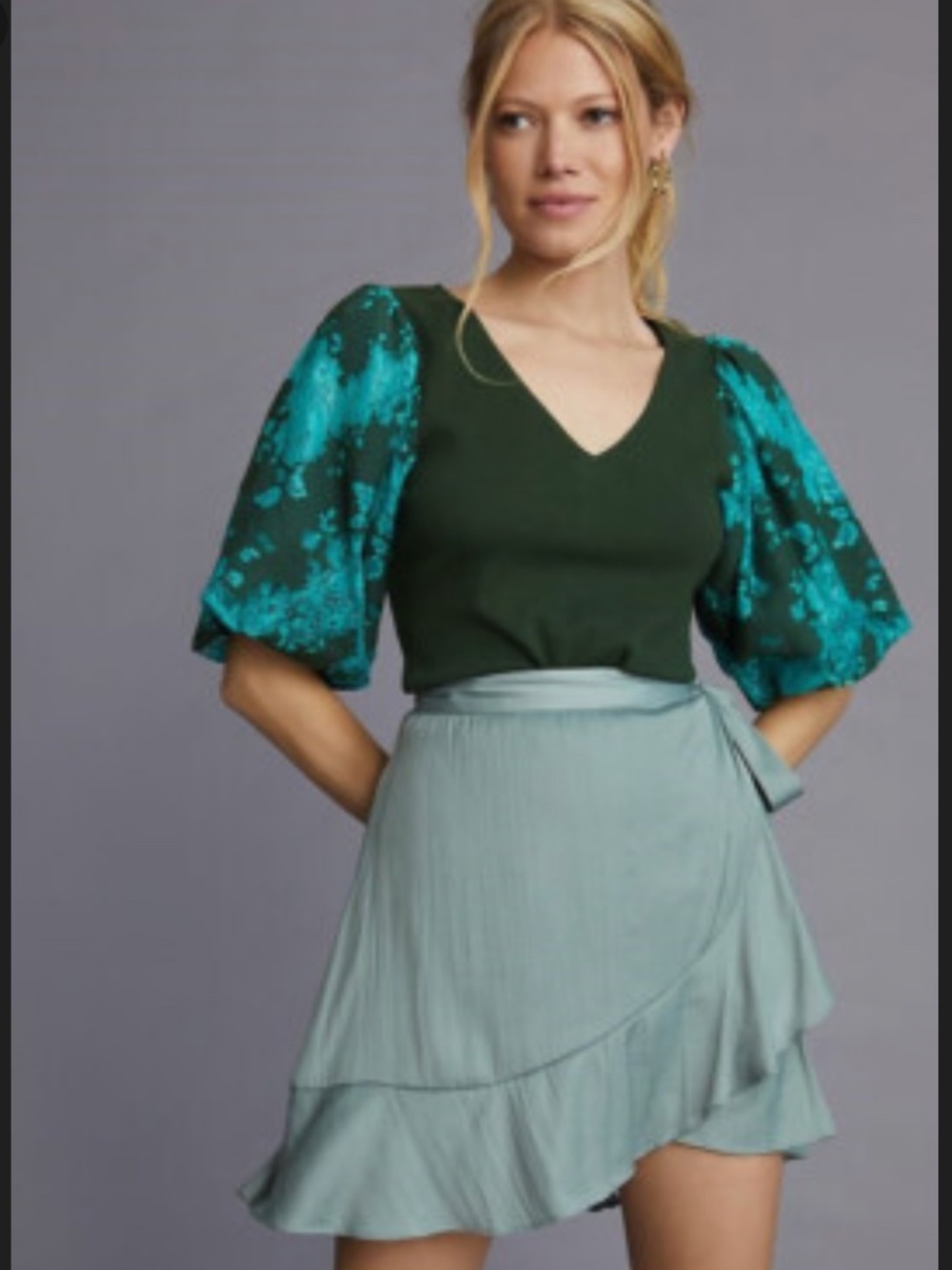 Anthropologie DOLAN Lace Puff-Sleeve Emerald Green Cotton Shirt Blouse Top XS